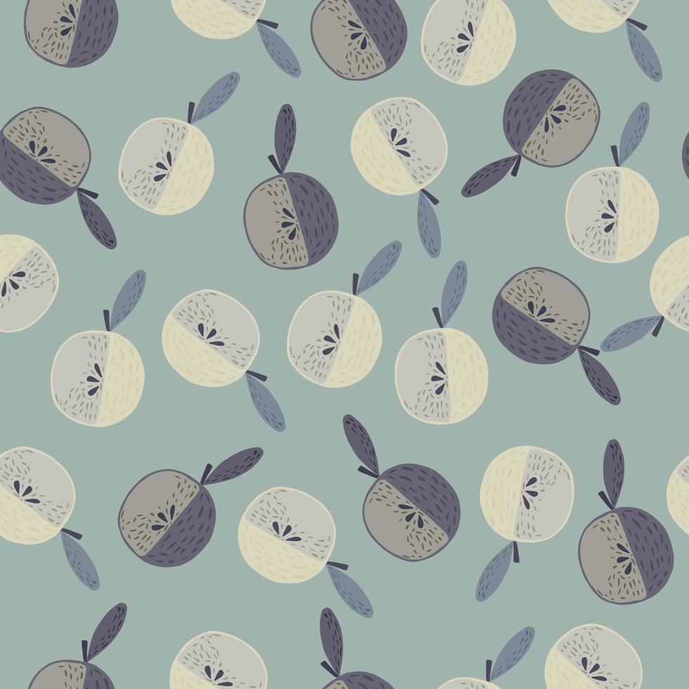 Doodle seamless pattern with apple cartoon ornament. Blue palette random fruit artwork. vector