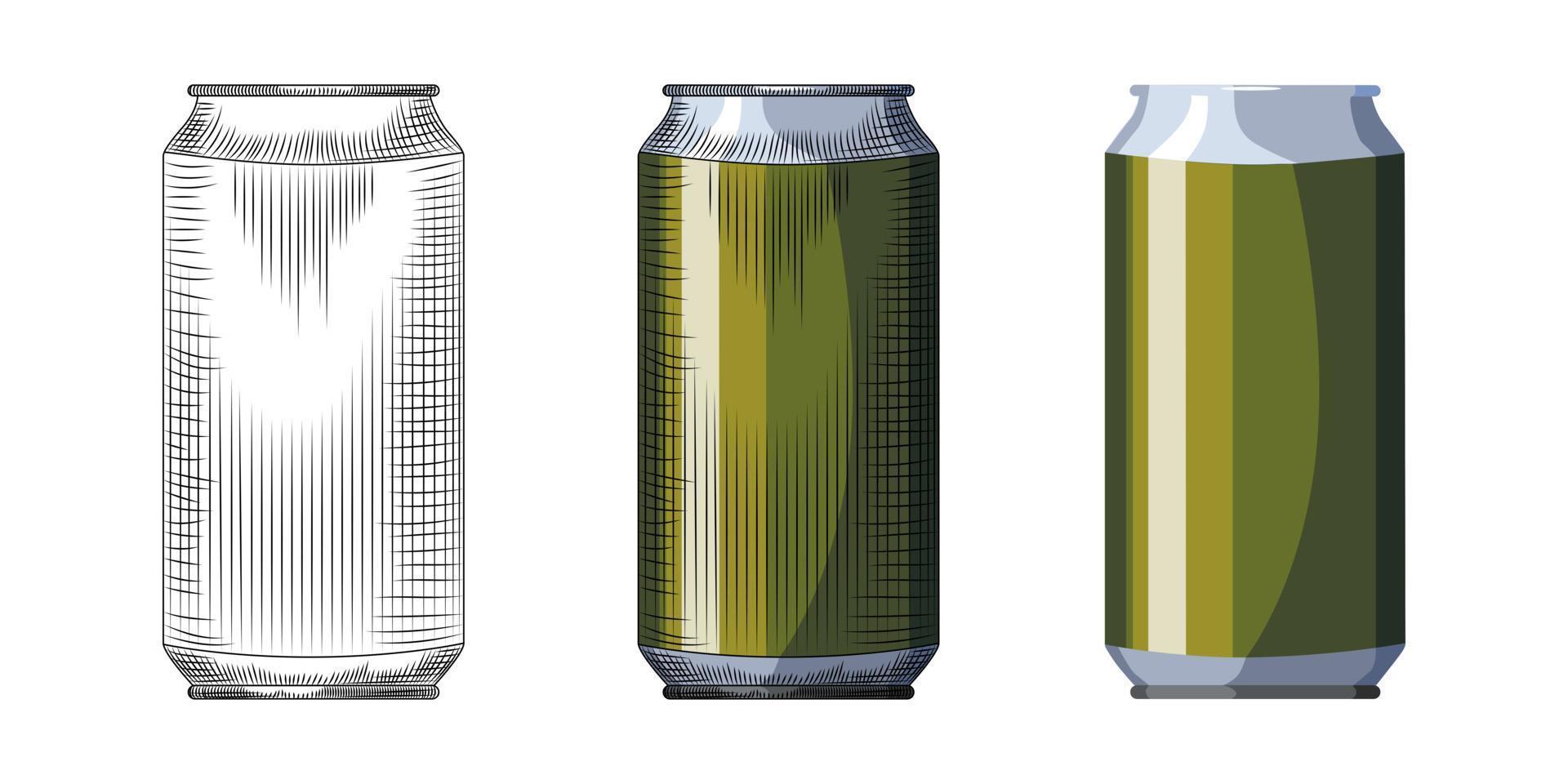 plantilla de lata de cerveza dibujada a mano. bebida verde puede aislado sobre fondo blanco. vector