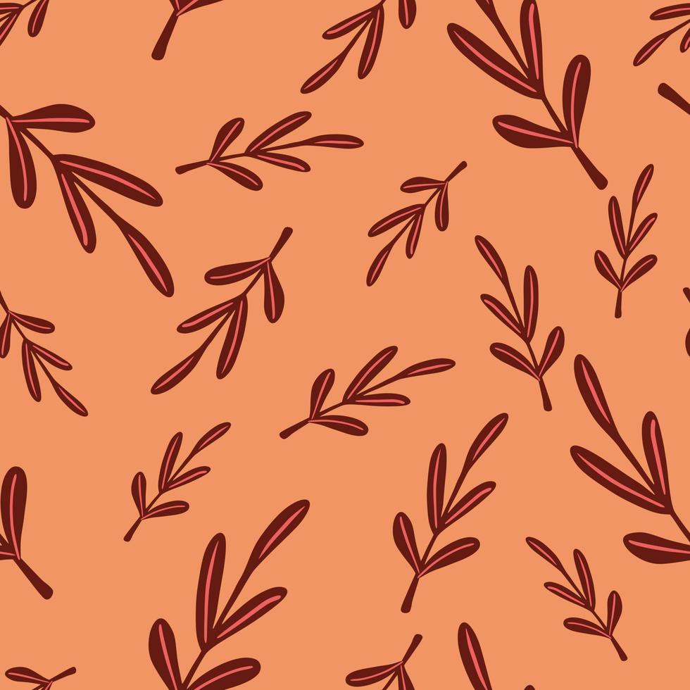 Random seamless pattern with maroon lfoliage silhouette twigs. Coral background. vector
