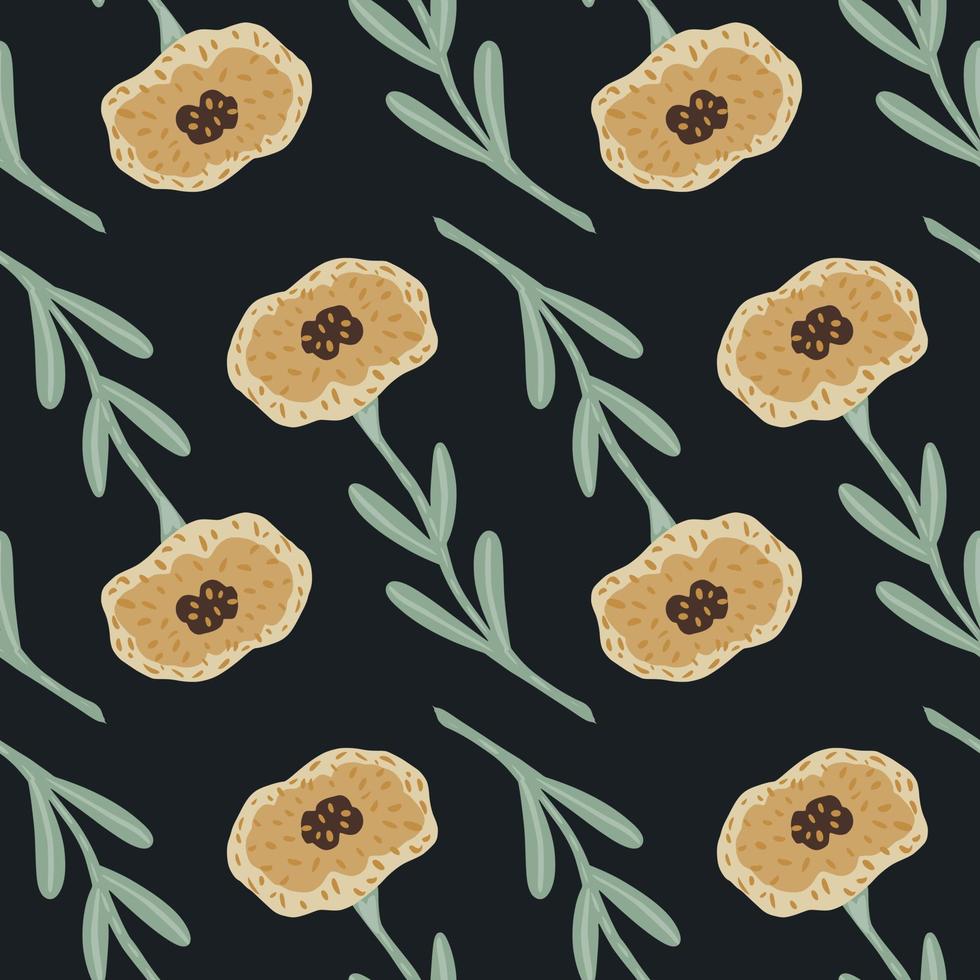 Conrast nature seamless pattern with pale beige flowers silhouettes. Dark background. vector