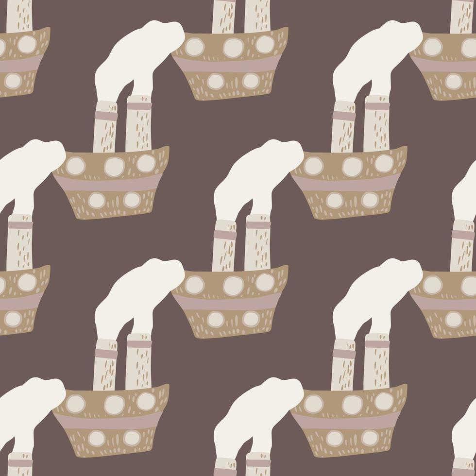 Kids seamless funny pattern with white and beige colored steamship print. Brown background. vector