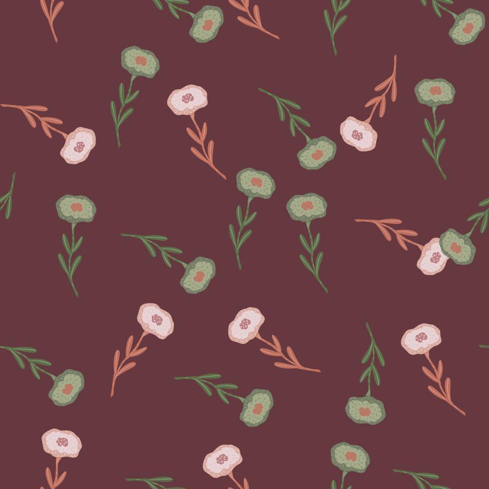 Vintage nature seamless pattern with green and pink flowers elements. Maroon background. vector