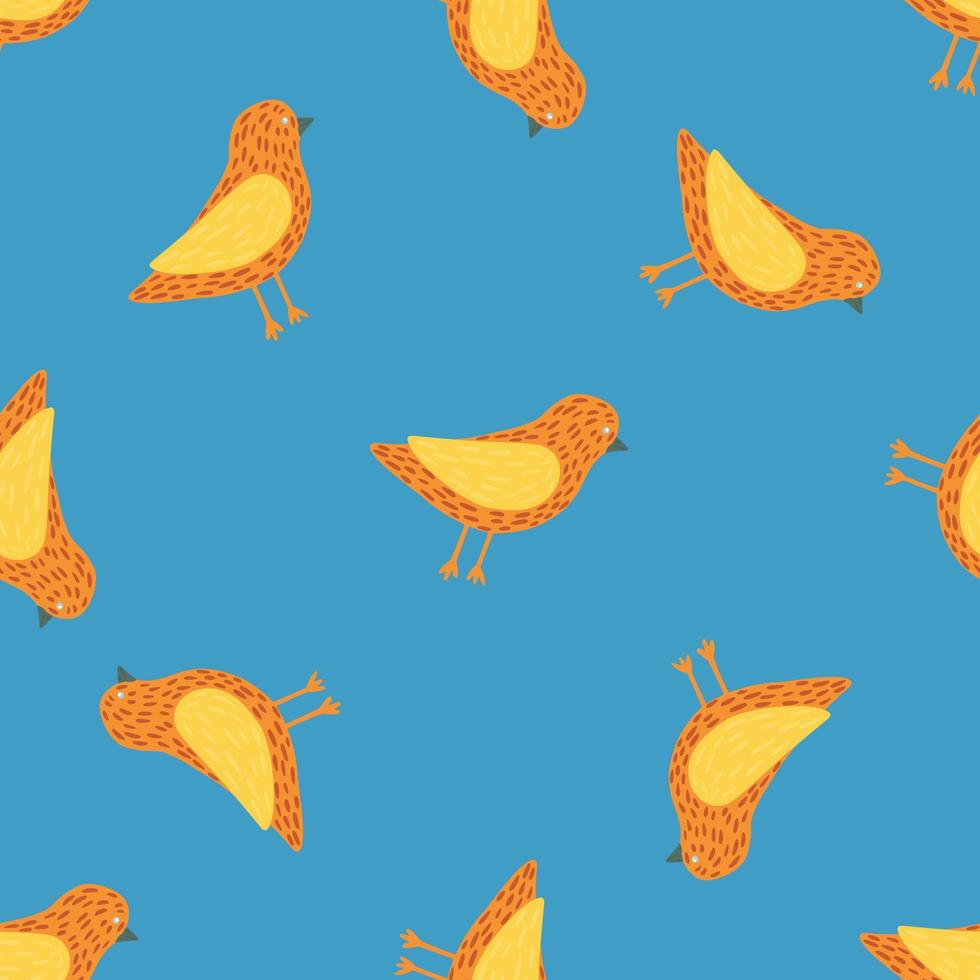 patrón transparente de dibujos animados brillantes con formas de pájaros de color naranja y amarillo. fondo azul. vector