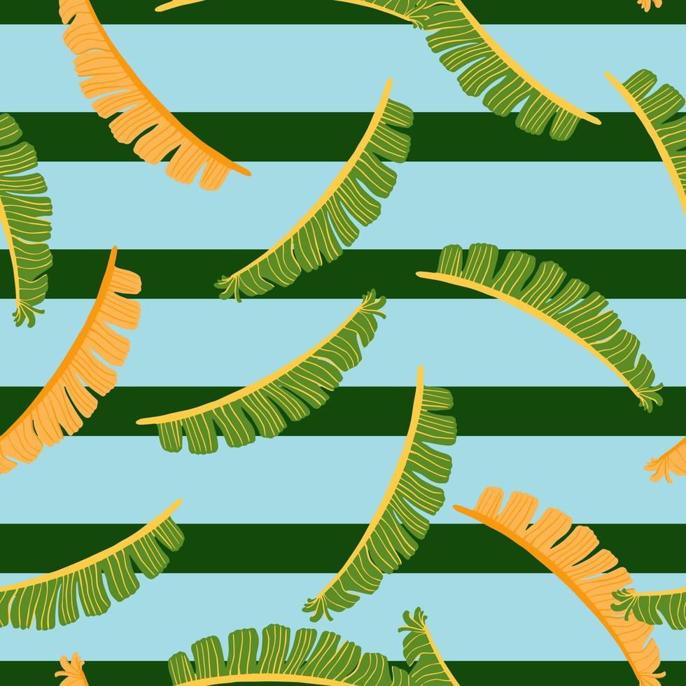 patrón sin costuras de follaje exótico aleatorio con estampado de hojas de helecho verde y naranja. fondo azul rayado. vector