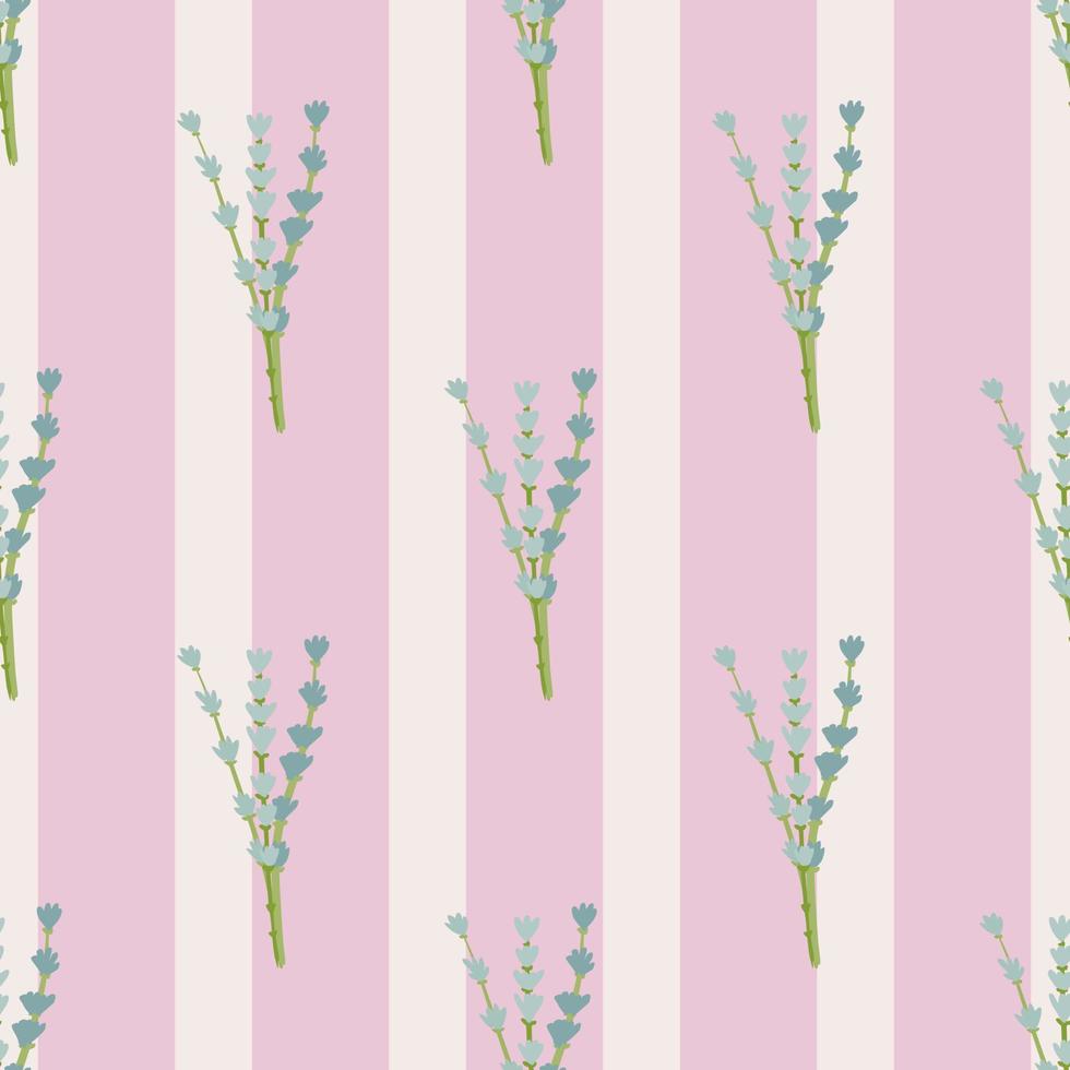 Hand drawn seamless pattern with hand drawn blue lavender ornament. Pink striped background. vector