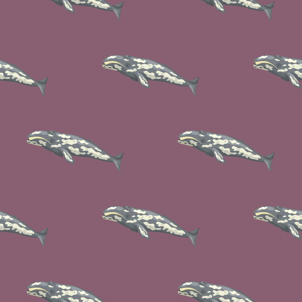 patrón sin costuras con ballena gris sobre fondo violeta. plantilla de personaje de dibujos animados del océano para tela. vector