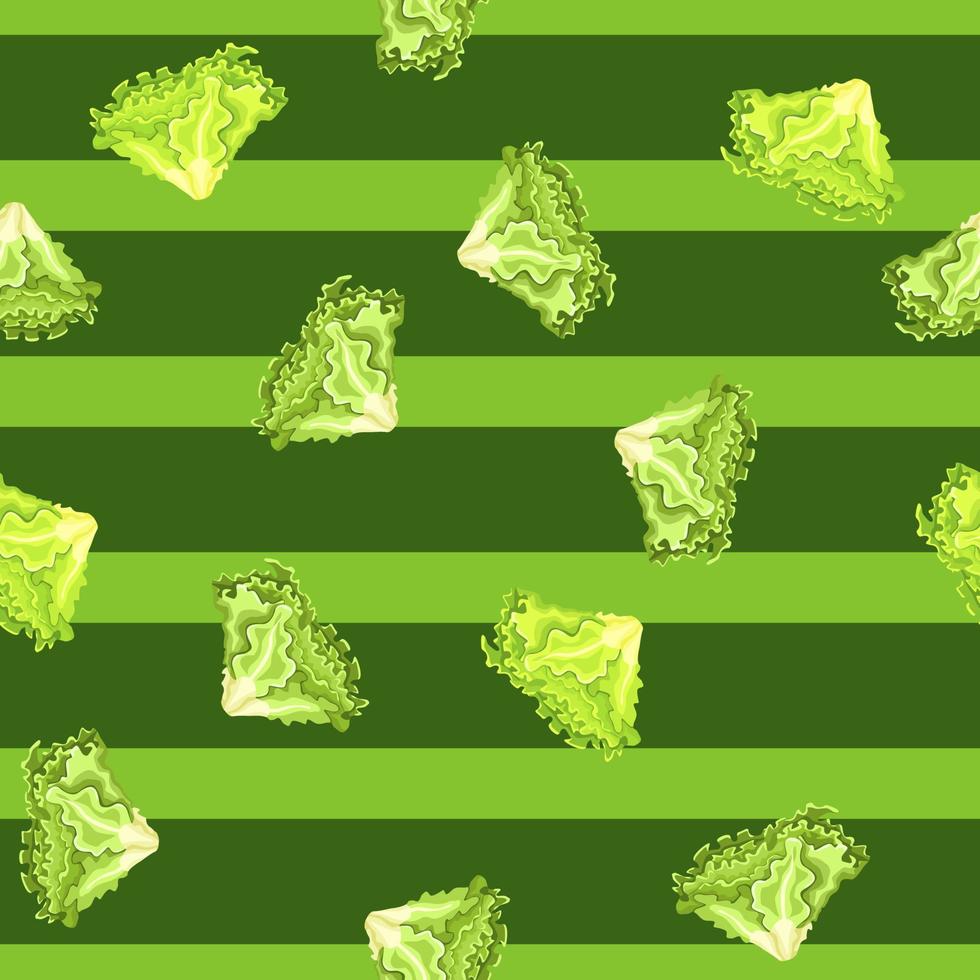 Seamless pattern Batavia salad on green striped background. Simple ornament with lettuce. vector