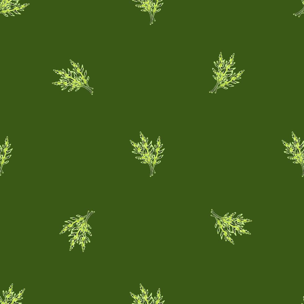 Seamless pattern bunch arugula salad on green background. Simple ornament with lettuce. vector