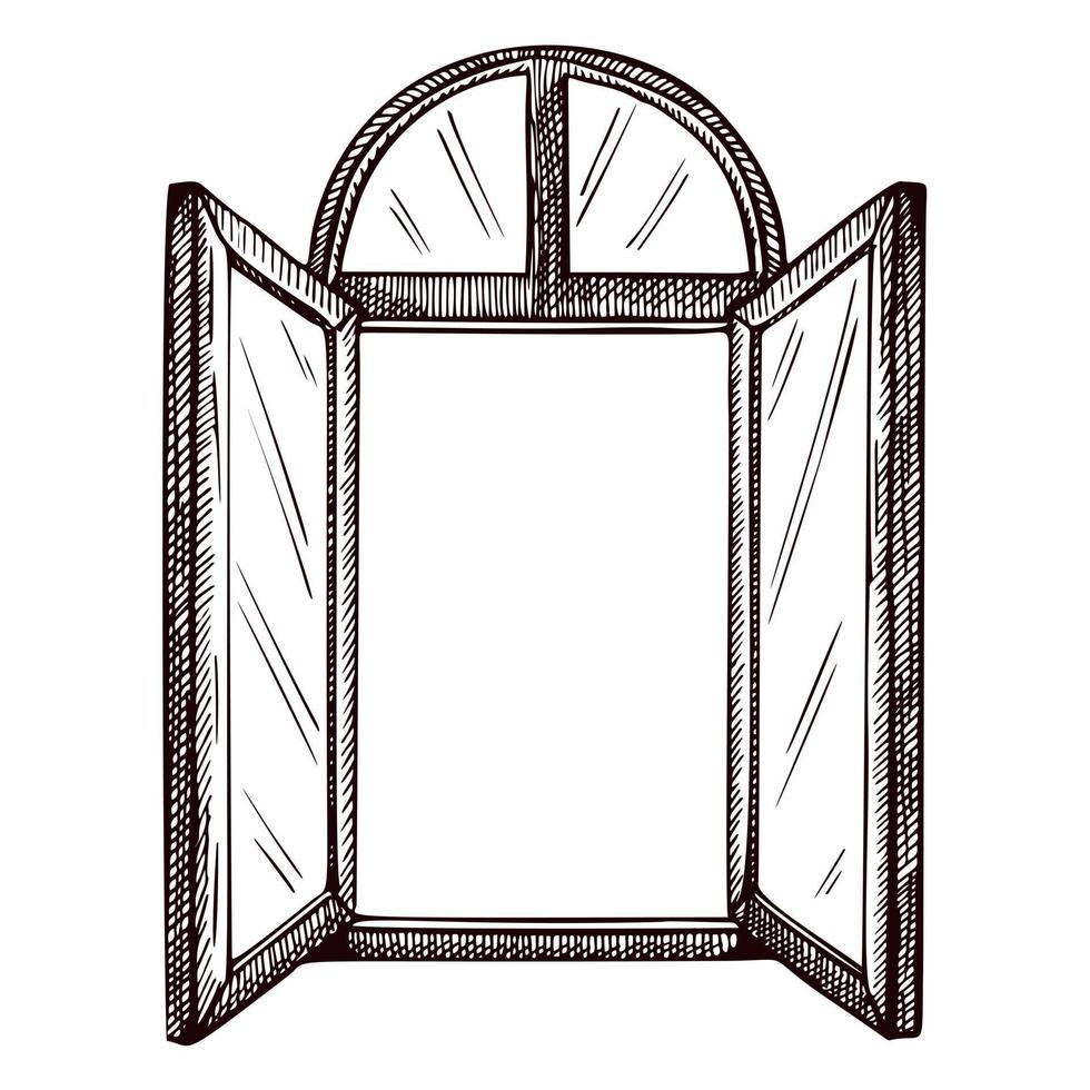 Opened window arch sketch isolated. Retro element inside wall in hand drawn style. vector