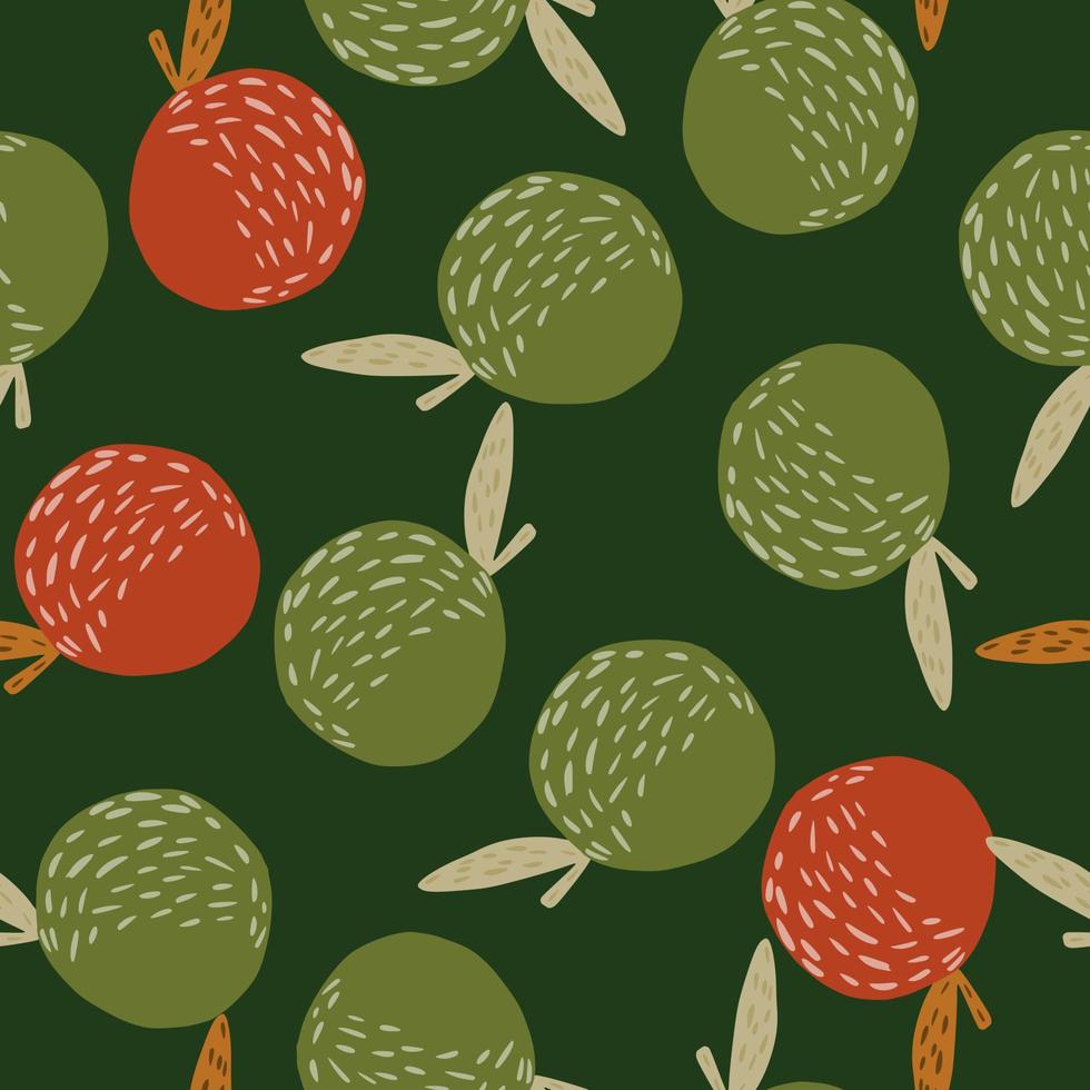 Random seamless abstract pattern with organic apple print. Green and red fruit shapes on dark green background. vector