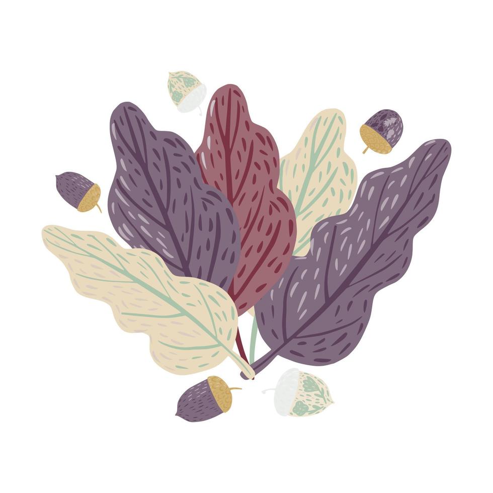 Composition leaves and acorns on white background. Scandinavian botany hand drawn in doodle style. vector