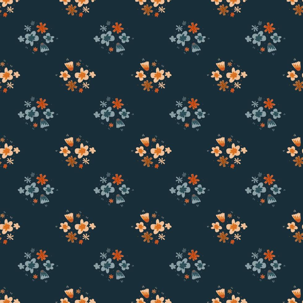 Cartoon seamless nature pattern with botanic flower elements. Navy blue background. vector