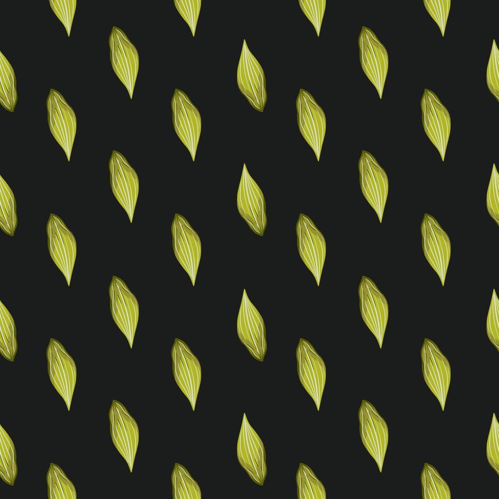 Dark seamless pattern with green colored leaves ornament. Black background. Botanic backdrop. vector