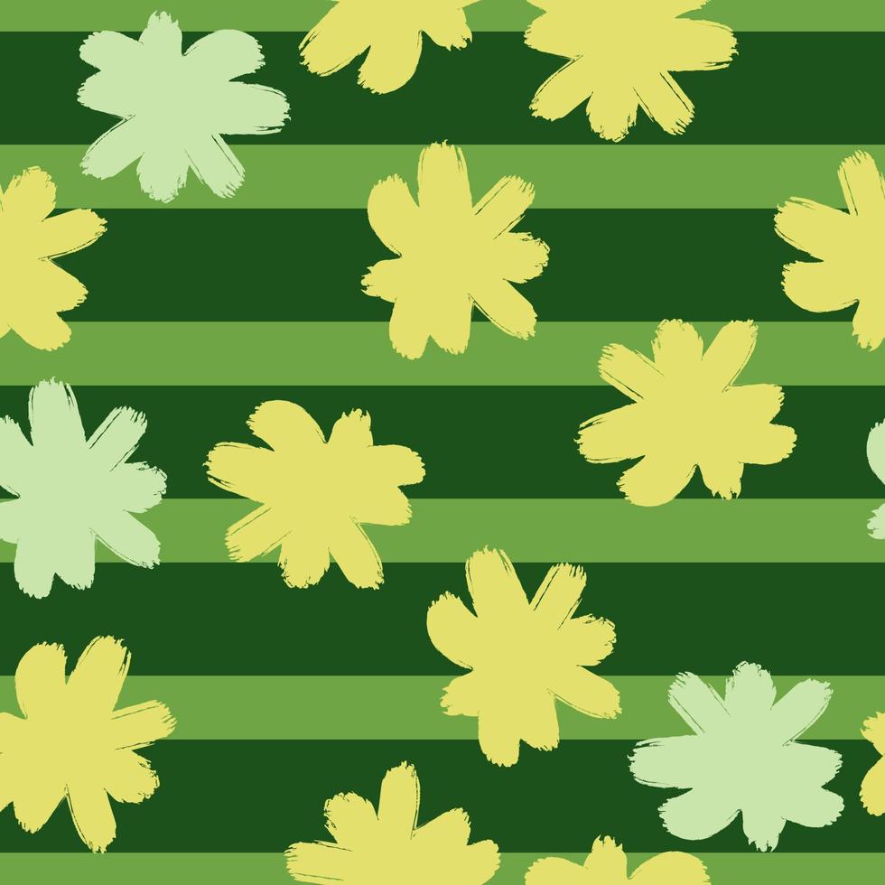 Yellow random flower bud silhouettes seamless pattern with green striped background. Hand drawn nature print. vector