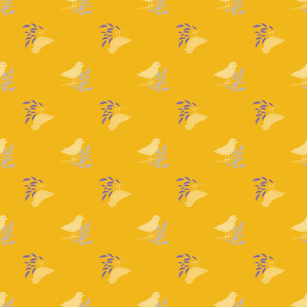 Cartoon kids cute seamless pattern with simple bird on branches print. Yellow bright background. vector