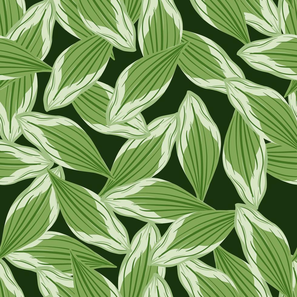 Decorative seamless doodle pattern with random green leaves ornament. Dark green background. vector