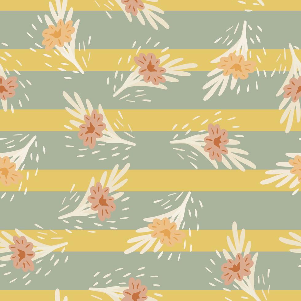 Seamless pattern with bouquets of small flowers on green yellow striped background. Vector floral template in doodle. Gentle summer botanical texture.