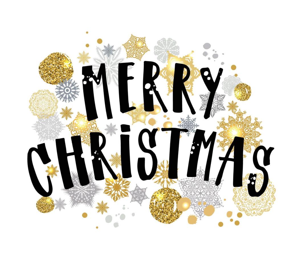 Merry Christmas gold glittering lettering design. Vector illustration on white.