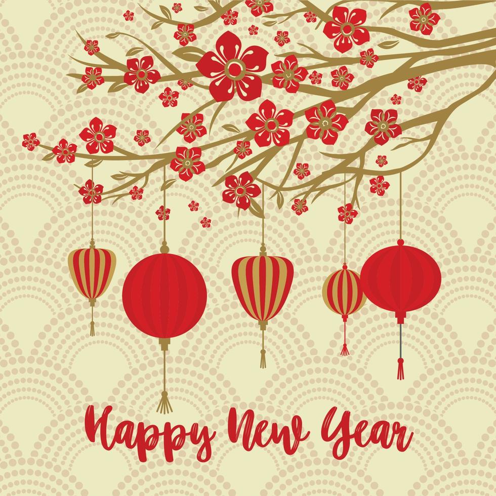 Chinese New Year Background. Red Blooming Sakura Branches on Gold Backdrop. Asian Lantern Lamps. vector