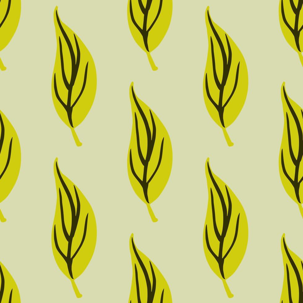 Decorative seamless floral pattern with doodle leaf yellow shapes. Contoured foliage on beige background. vector
