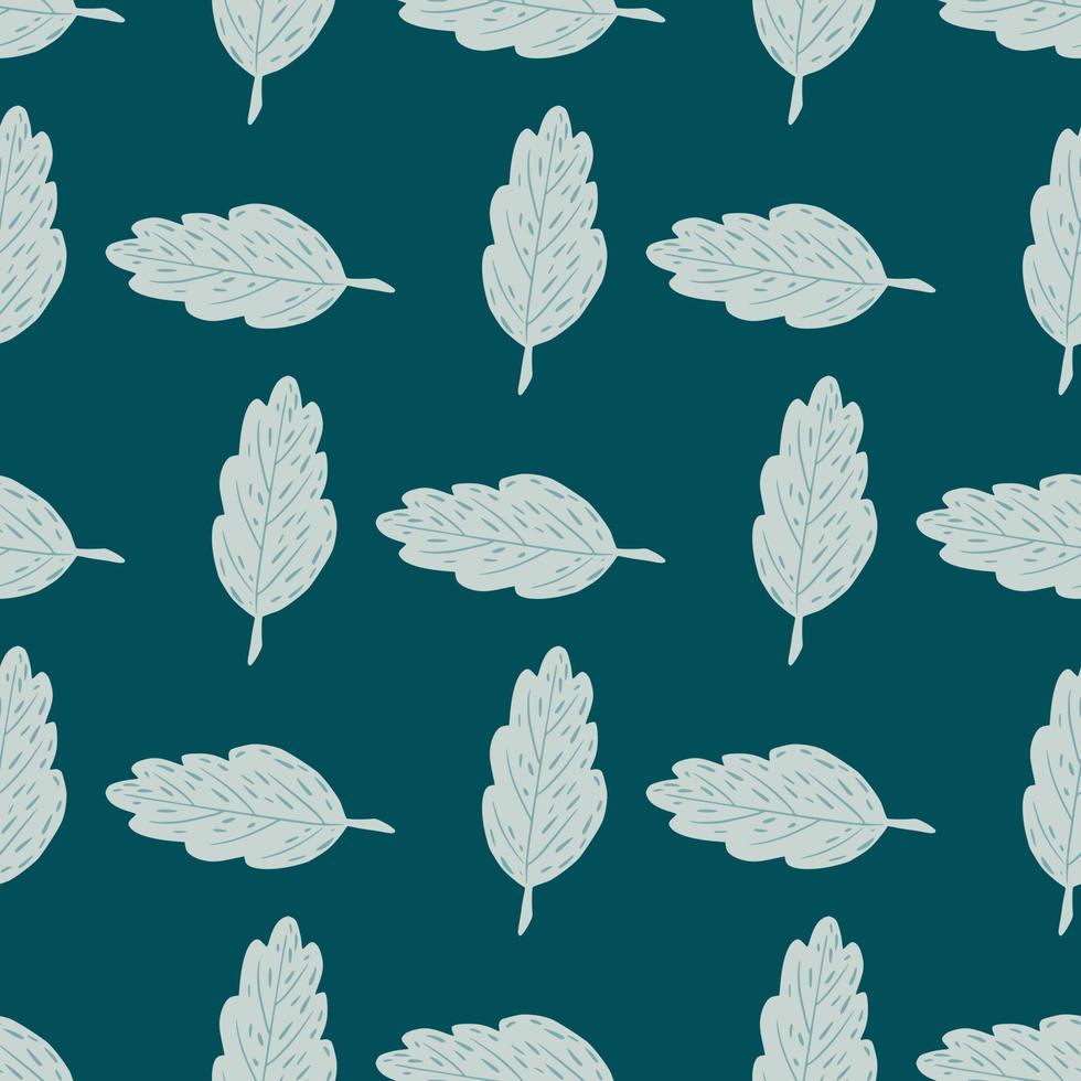 Light grey fall outline leaves ornament seamless pattern. Turquoise background. Nature print. vector