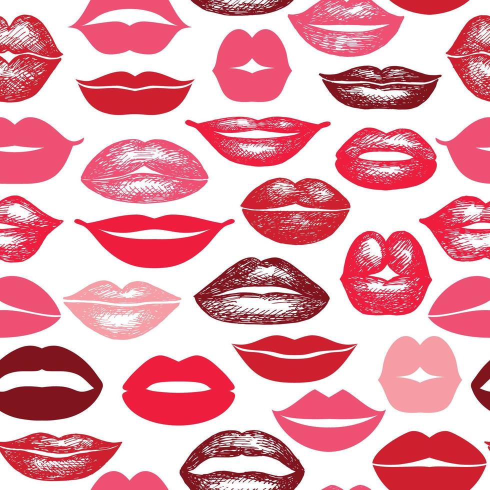 Vector seamless background. lips hand drawn prints.