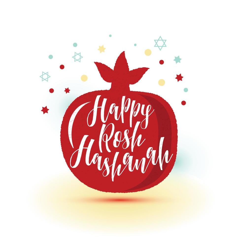 Greeting card wiyh symbol of Rosh Hashanah pomegranate . Jewish new year celebration design. Happy Shana Tova. Happy New Year in Hebrew vector