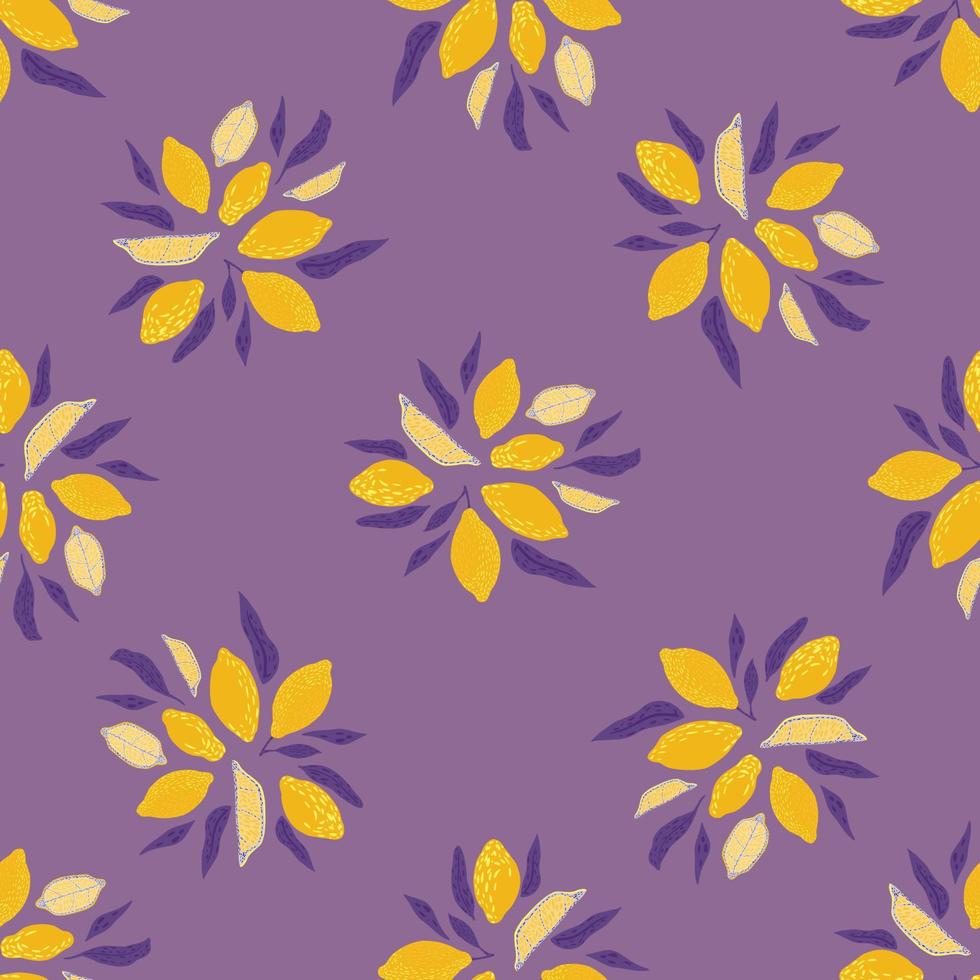 Yellow lemon seamless pattern in hand drawn style. Pastel purple background. Organic food print. vector