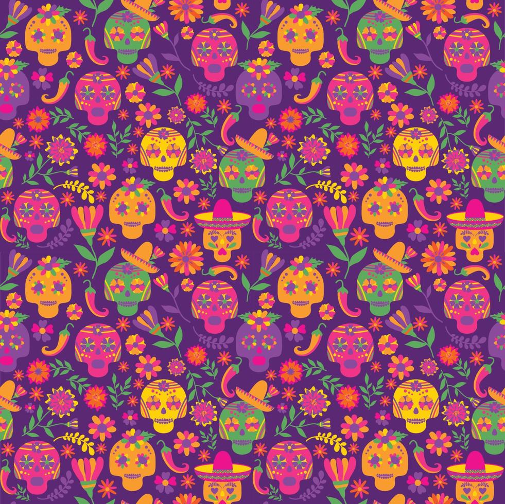 Dia de los muertos seamless vector pattern. The main symbols of the holiday on the dark background. Day of the dead.