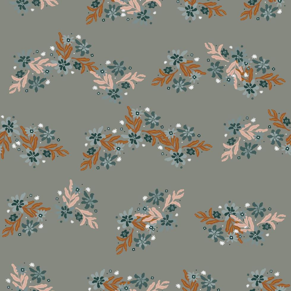 siluetas de follaje de color beige y formas de flores patrón de floración sin costuras. fondo gris vector