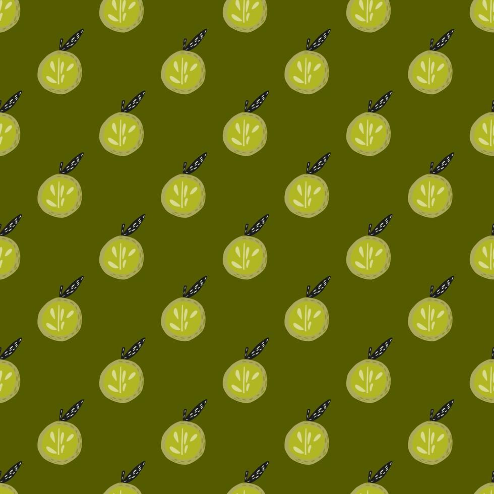 Summer organic fruit seamless pattern with simple apple shapes. Green olive background. Fruit backdrop. vector