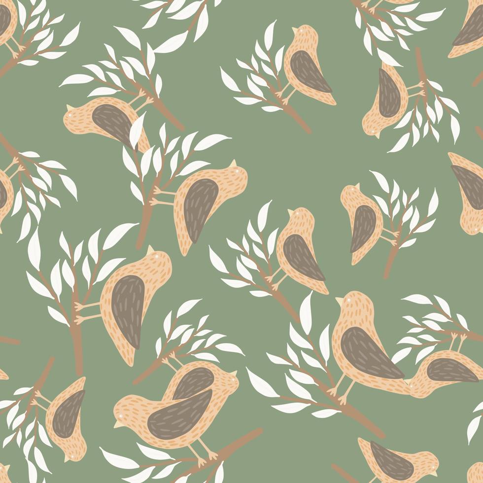 Random seamless pattern in pastel tones with beige birds on branches. Green olive background. vector