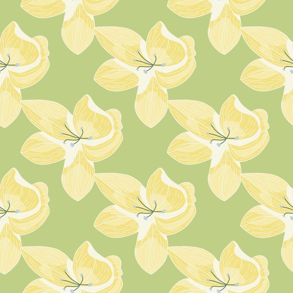 Yellow and green outline orchid flowers silhouettes seamless pattern on light green background. vector