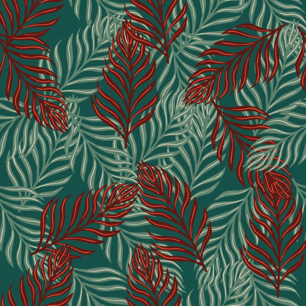 Botany wildlife seamless pattern with abstract random fern shapes print. Green and red colors palette. vector