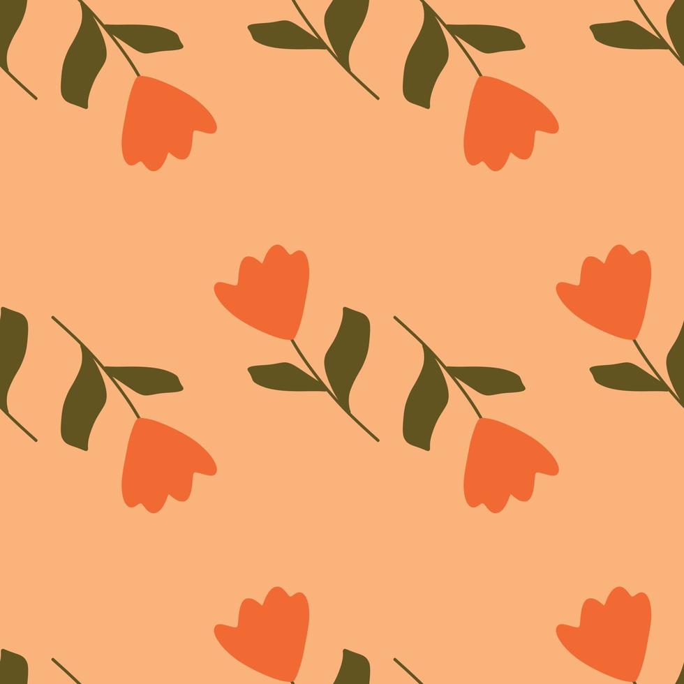 Decorative floral seamless pattern with vintage orange tulips flowers ornament. Pastel pink background. vector