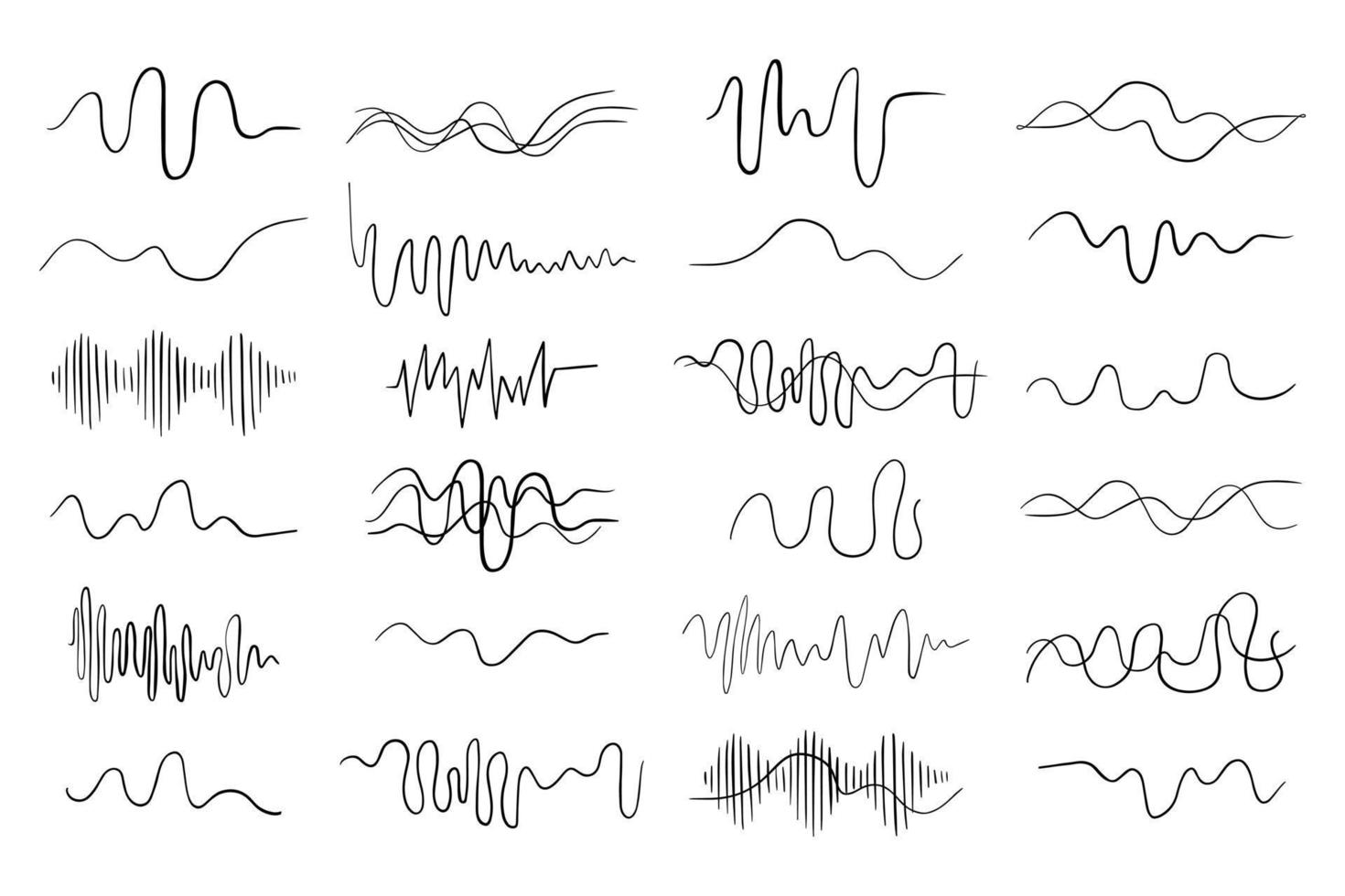 Set sound waves isolated on white background. Several kinds forms music audio frequency, soundtrack. vector