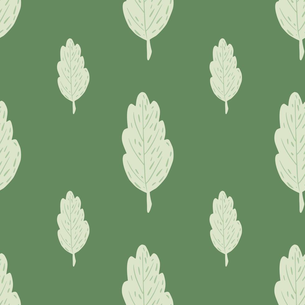 Minimalistic botanic seamless pattern with light leaf ornament. Green background. vector