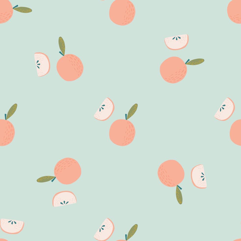 Tender seamless fruit pattern with pink apple elements. Blue light background. Pastel tones artwork. vector