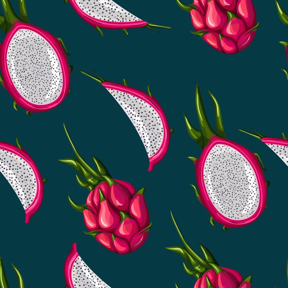 Red dragon fruit seamless pattern on black background. Whole, half and slice. vector