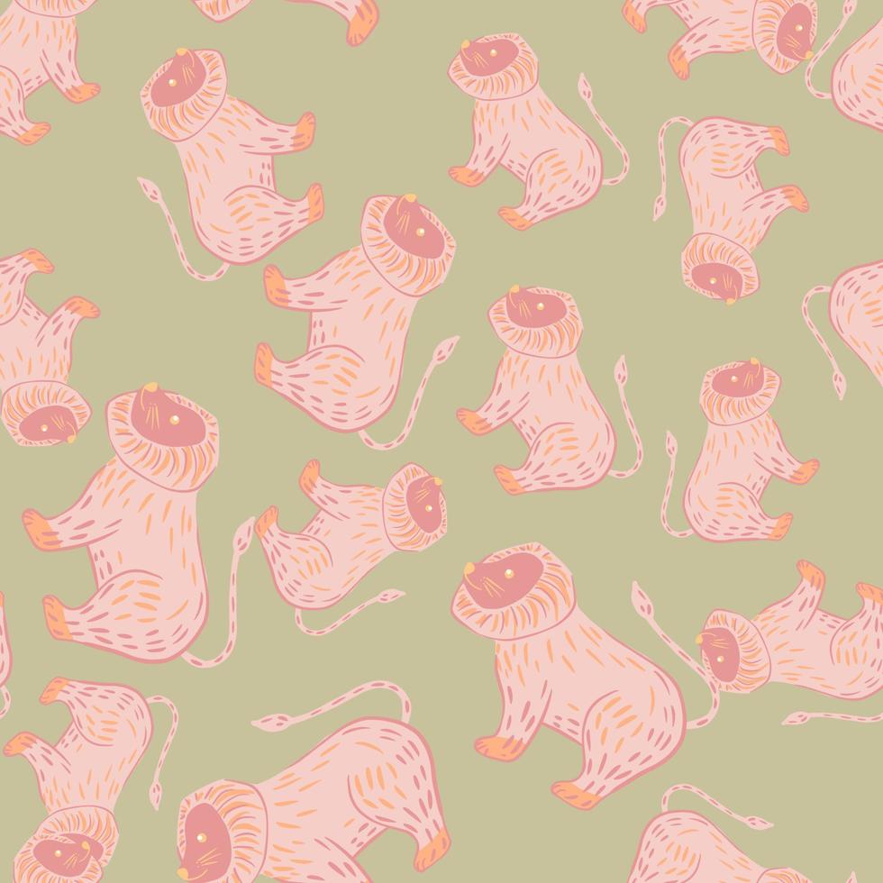 Random seamless pattern with pastel pink lion doodle ornament. Light green background. Kids backdrop. vector