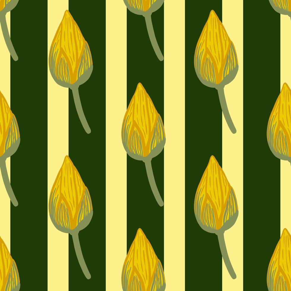 Wilflife asian botany seamless pattern with doodle lotus bud elements. Yellow flowers and striped background. vector