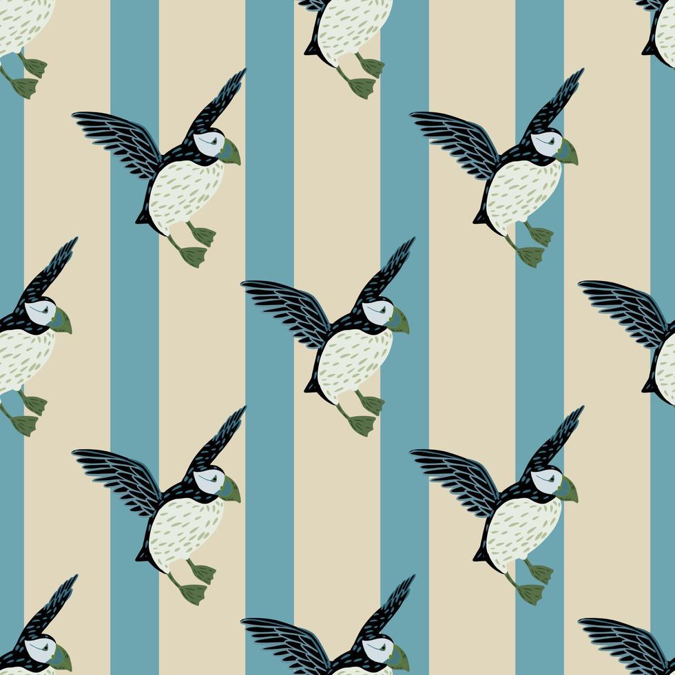 Ornithology seamless pattern with doodle simple hand drawn puffin silhouettes. Striped beige and blue background. vector