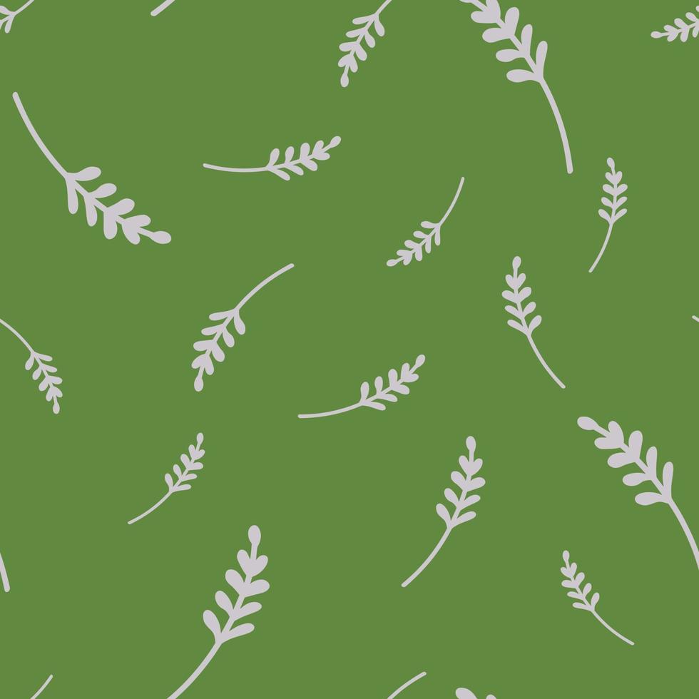 Random abstract seamless pattern with hand drawn doodle branches print. Green olive background. vector