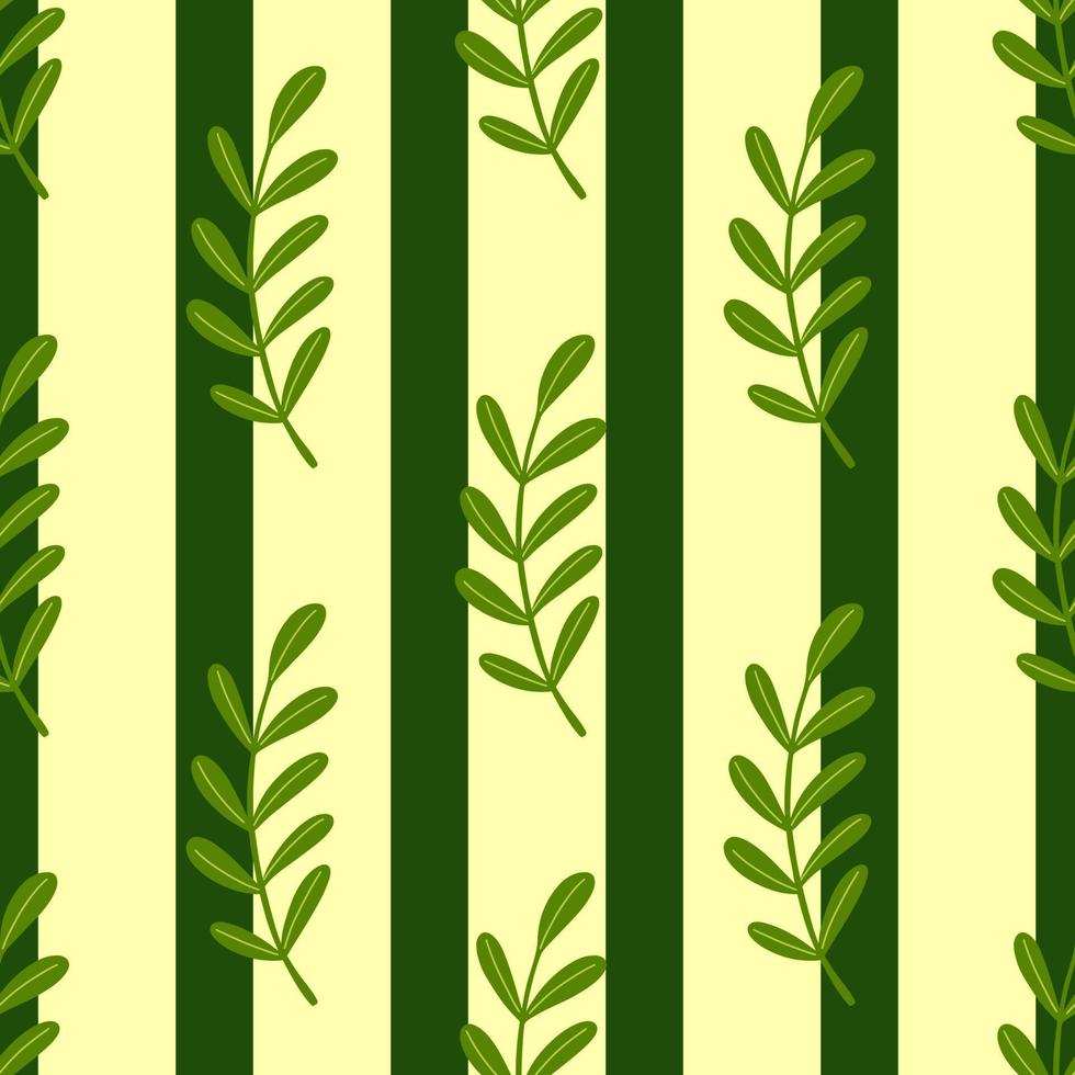 Scrapbook seamless botanic pattern with simple leaf banches ornament. Green striped background. vector