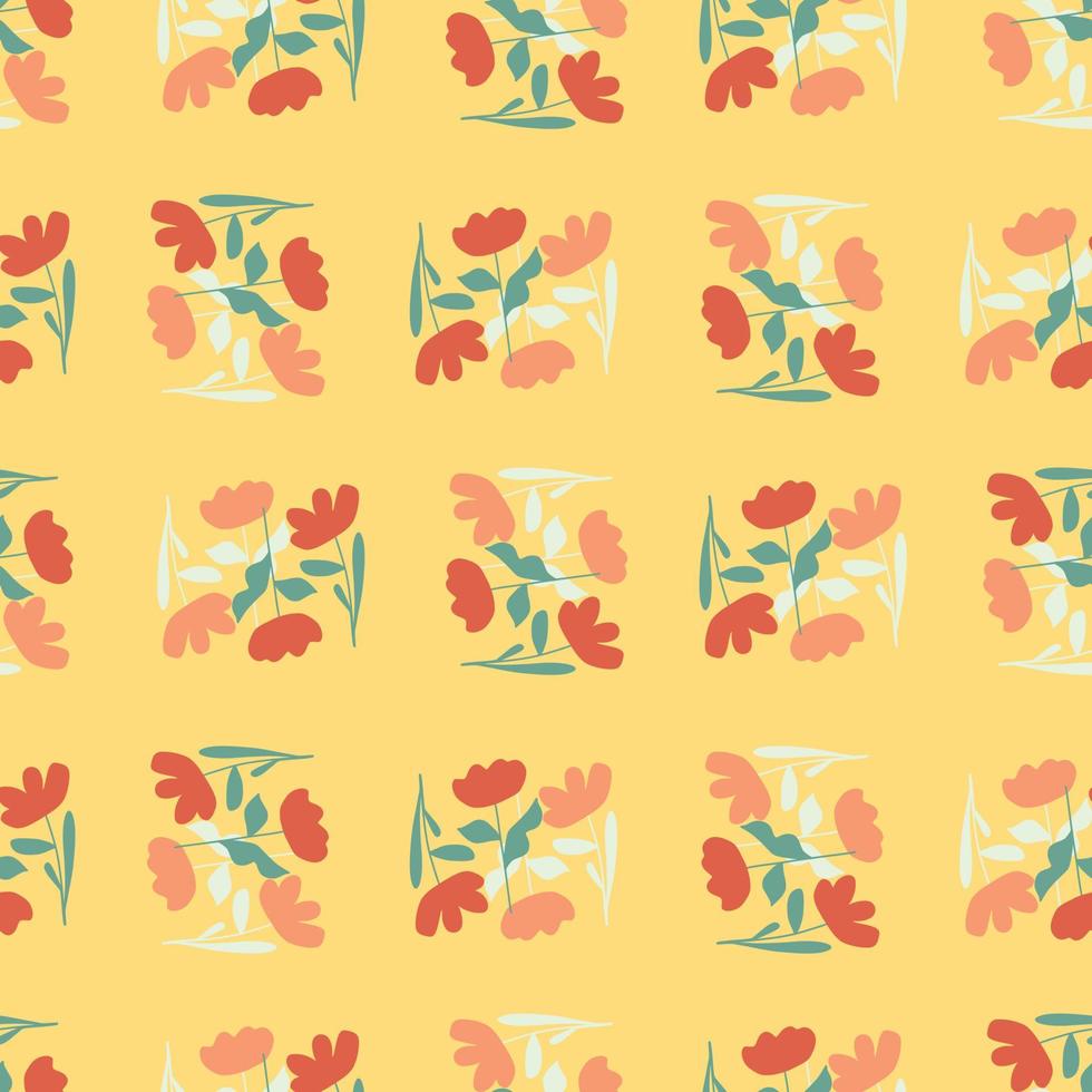 Red and pink abstract flower silhouettes seamless pattern in summer season style. Orange background. vector