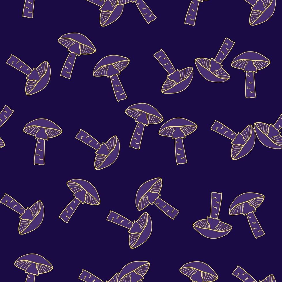Random yellow contoured mushroom shapes seamless doodle pattern. Dark purple background. vector