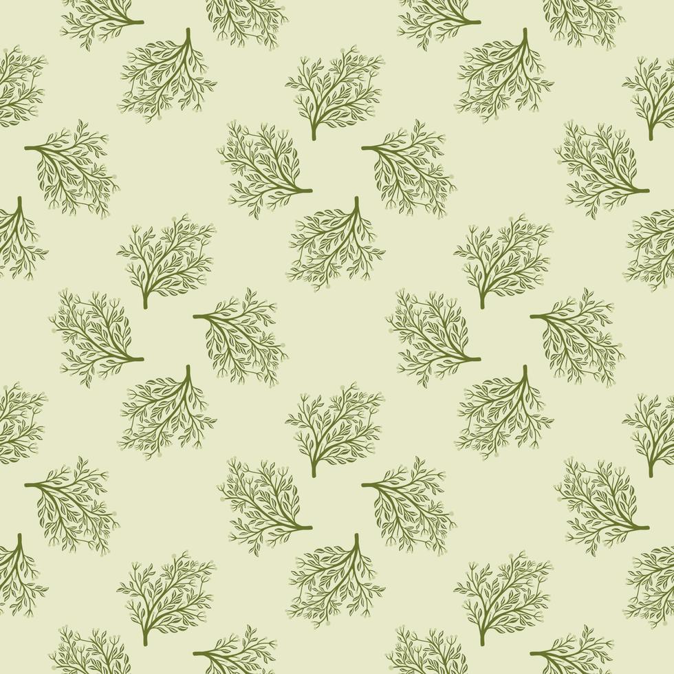 Plant seamless forest pattern with simple green tree silhouettes. Pastel grey background. Natural print. vector