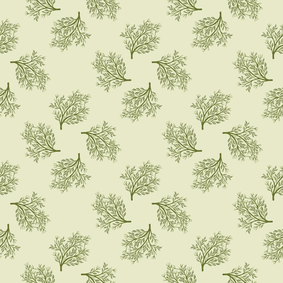 Plant seamless forest pattern with simple green tree silhouettes. Pastel grey background. Natural print. vector