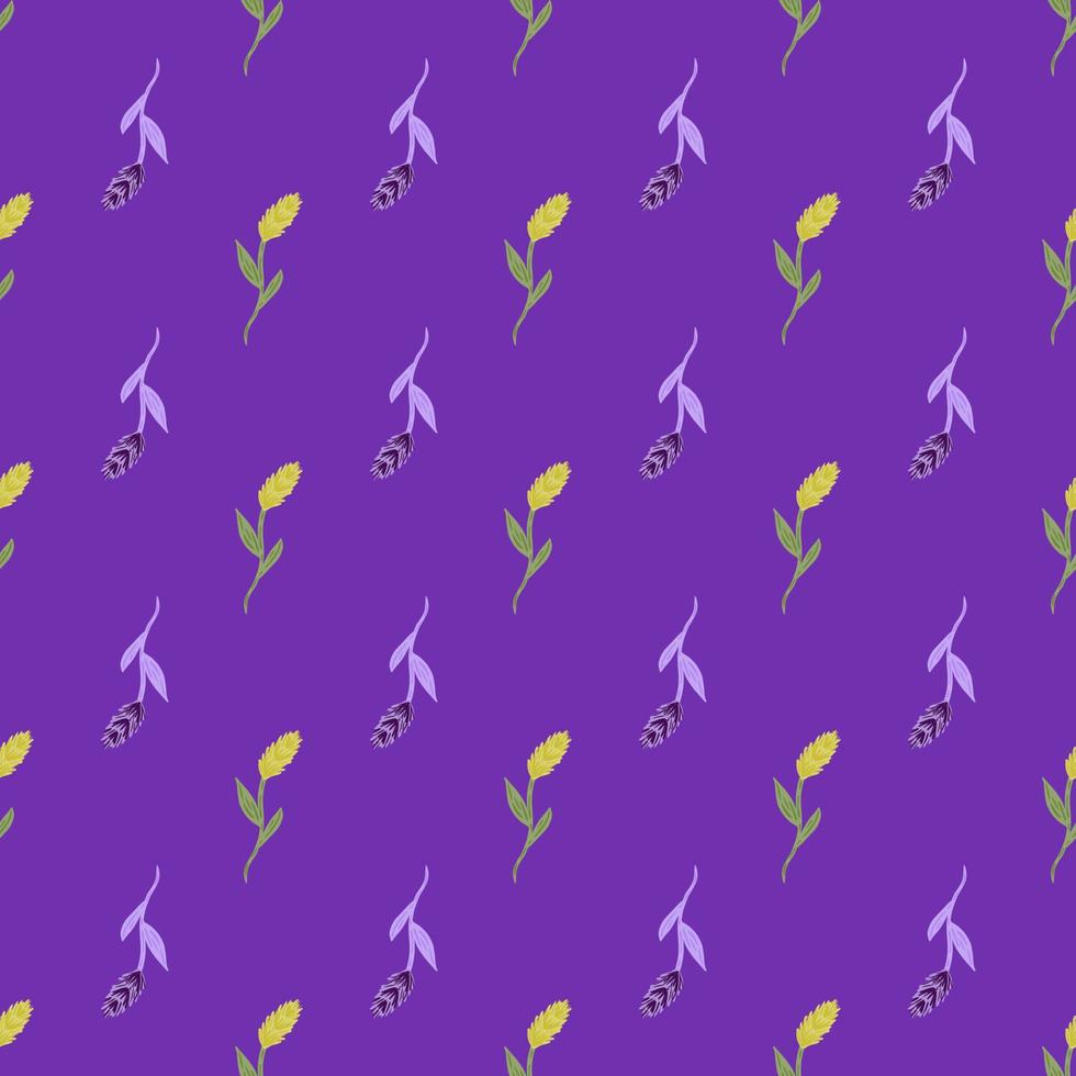 Agronomy flora nature seamless pattern with small ear of wheat ornament. Bright purple background. vector