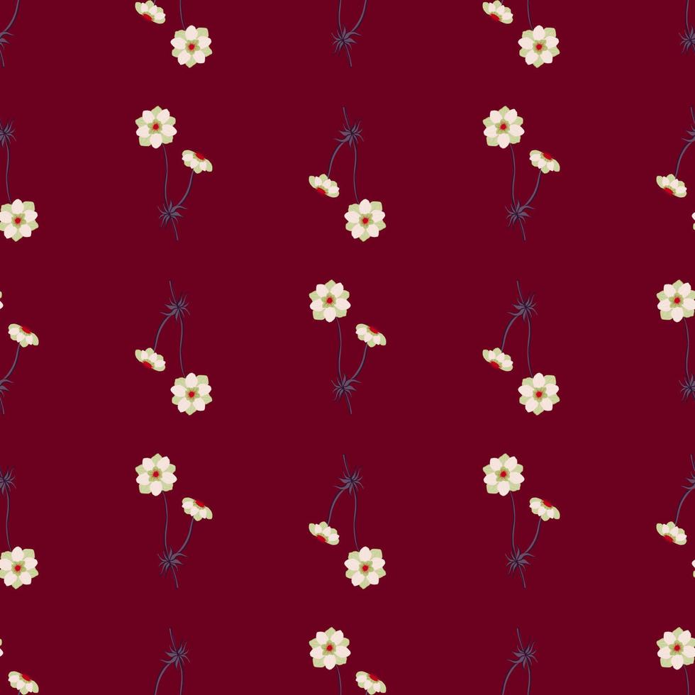 Seamless vintage pattern with white anemone flowers ornament. Dark maroon background. vector